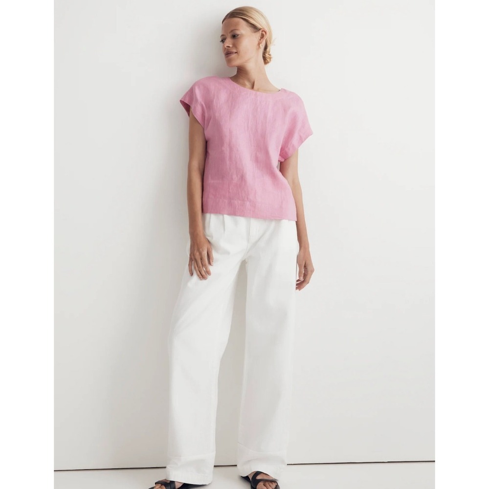 Madewell 100% Linen Square-Back‎ Crewneck Top Womens XS Pink Minimalist Boxy EUC